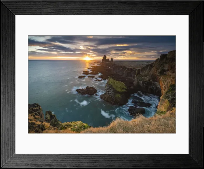 Framed Print : Elevated view of Londrangar cliffs during sunset, Snaefellsjokull National Park