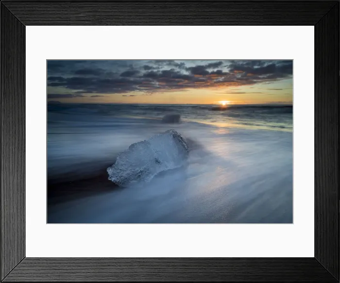 Framed Print : Chunk of ice on shore at Diamond beach near Jokulsarlon glacier lagoon during sunrise Framed Print : Chunk of ice on shore at Diamond beach near Jokulsarlon glacier lagoon during sunrise