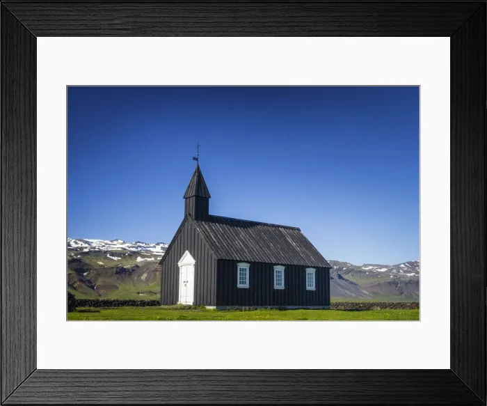 Framed Print : Buoakirkja Black Church in Budir against clear blue sky, Snaefellsness Peninsula Framed Print : Buoakirkja Black Church in Budir against clear blue sky, Snaefellsness Peninsula