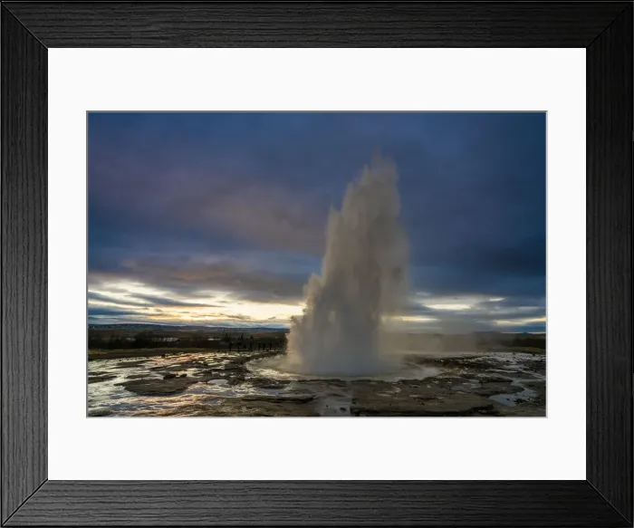 Framed Print : Hot spring splashing at Strokkur against cloudy sky during sunset, Geysir, South Iceland Framed Print : Hot spring splashing at Strokkur against cloudy sky during sunset, Geysir, South Iceland