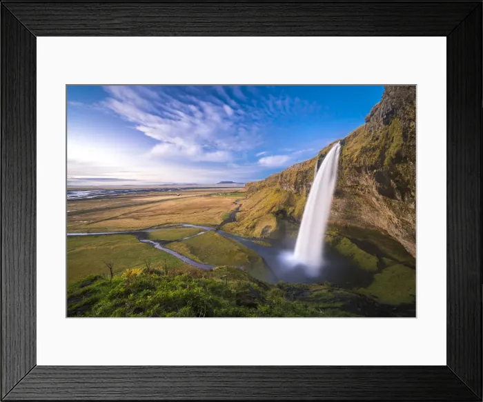 Framed Print : Scenic view of Seljalandsfoss waterfall from hill, South Iceland, Iceland Framed Print : Scenic view of Seljalandsfoss waterfall from hill, South Iceland, Iceland