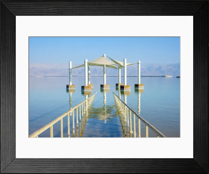 Framed Print : Israel, South District, Ein Bokek. A shade pavilion near the beach at the shore of