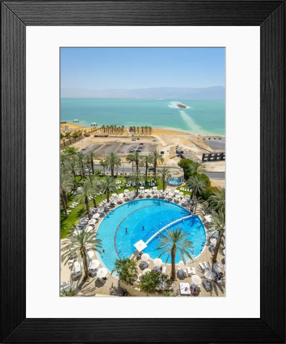 Framed Print : Aerial view of swimming pool of hotel near Dead Sea, Ein Bokek, Southern District, Israel Framed Print : Aerial view of swimming pool of hotel near Dead Sea, Ein Bokek, Southern District, Israel