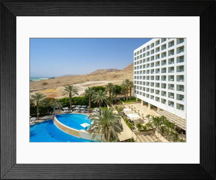 Framed Print : Exterior of hotel with swimming pool and palm trees, Ein Bokek, Southern District, Israel Framed Print : Exterior of hotel with swimming pool and palm trees, Ein Bokek, Southern District, Israel