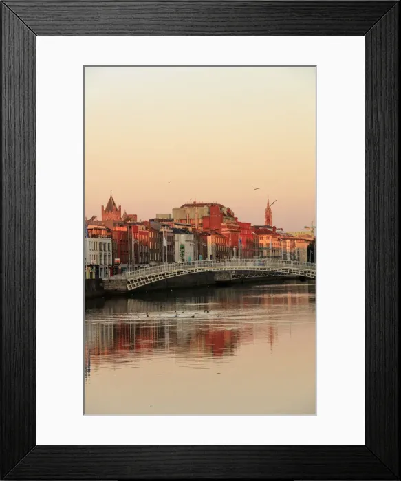 Framed Print : Europe, Dublin, Ireland, Halfpenny bridge at sunrise with buildings reflecting in Framed Print : Europe, Dublin, Ireland, Halfpenny bridge at sunrise with buildings reflecting in