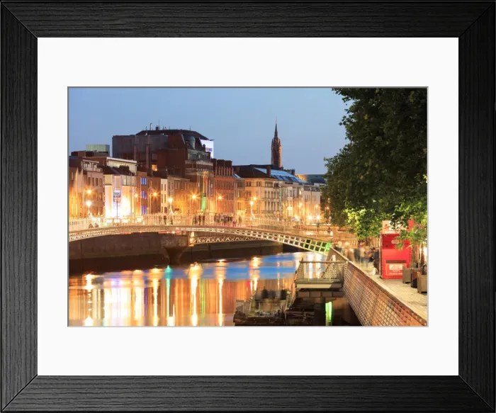 Framed Print : Europe, Dublin, Ireland, Halfpenny bridge by night reflecting on the Liffey river Framed Print : Europe, Dublin, Ireland, Halfpenny bridge by night reflecting on the Liffey river