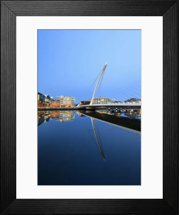 Framed Print : Europe, Dublin, Ireland, Samuel Beckett bridge by night reflecting on the Liffey river Framed Print : Europe, Dublin, Ireland, Samuel Beckett bridge by night reflecting on the Liffey river