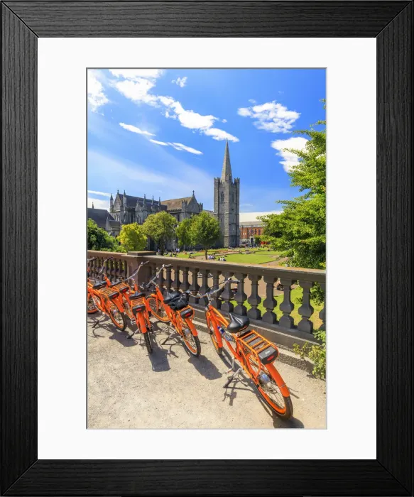 Framed Print : Europe, Dublin, Ireland, Bikes parking in the gardens at St. Patrick Cathedral