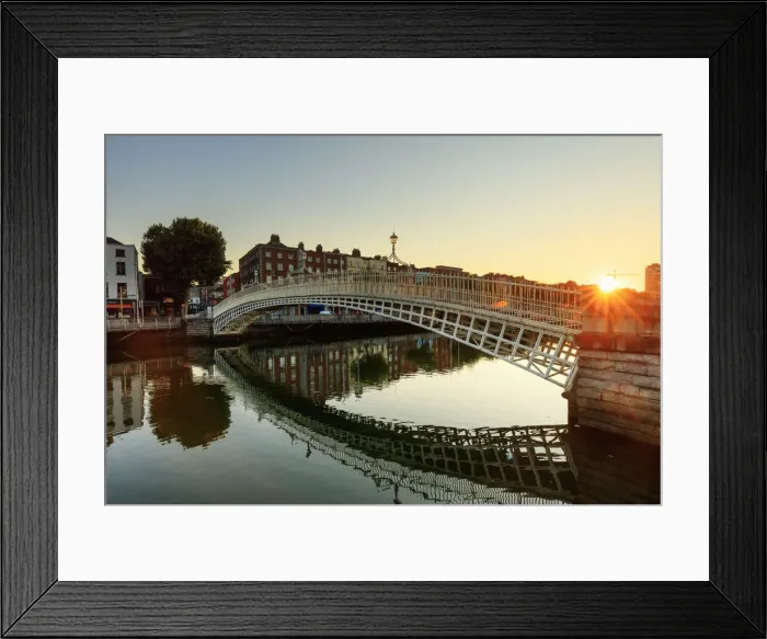 Framed Print : Europe, Dublin, Ireland, Tourists crossing Halfpenny bridge at sunrise Framed Print : Europe, Dublin, Ireland, Tourists crossing Halfpenny bridge at sunrise