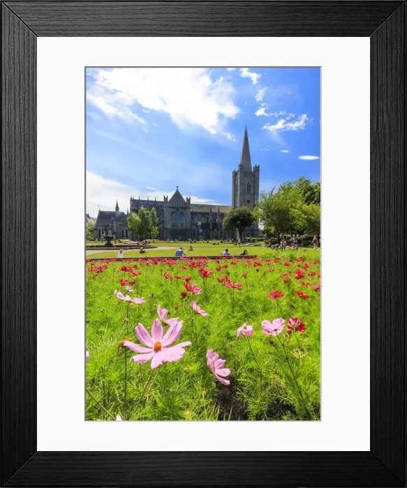 Framed Print : Europe, Dublin, Ireland, people sitting on the gardens at St. Patrick Cathedral