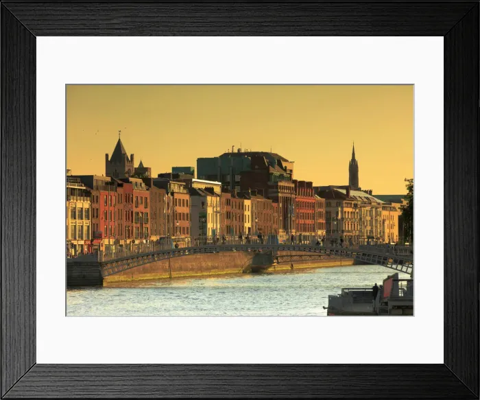 Framed Print : Europe; Dublin, Halfpenny bridge and Liffey river at sunset