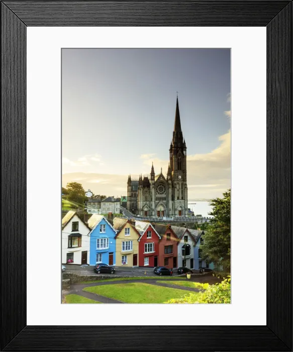 Framed Print : Europe, Ireland, Cork, Cobh Cathedral at colored houses at sunrise Framed Print : Europe, Ireland, Cork, Cobh Cathedral at colored houses at sunrise