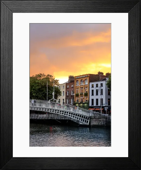 Framed Print : Northern Europe; Dublin, Halfpenny bridge and Liffey river at sunset