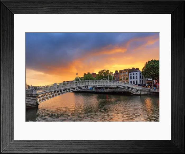 Framed Print : Northern Europe; Dublin, Halfpenny bridge and Liffey river at sunset