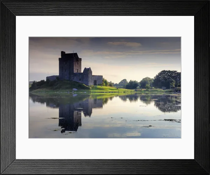 Framed Print : Europe, Ireland, Dunguaire castle at sunrise in Kinvara village reflecting in Framed Print : Europe, Ireland, Dunguaire castle at sunrise in Kinvara village reflecting in