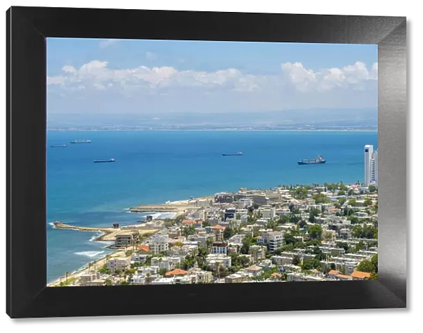 Israel, Haifa District, Haifa. High-angle view of downtown Haifa from Mount Carmel