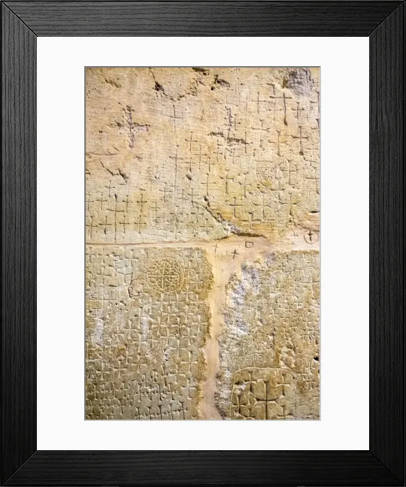 Framed Print : Israel, Jerusalem District, Jerusalem. Ancient crosses carved by pilgrims marking Framed Print : Israel, Jerusalem District, Jerusalem. Ancient crosses carved by pilgrims marking