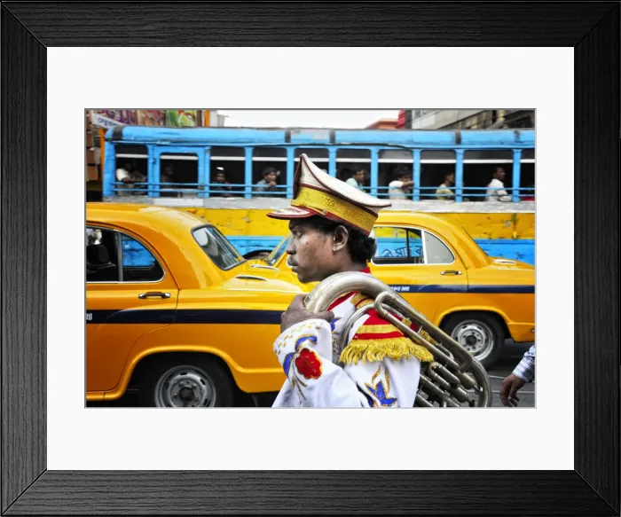 Framed Print : Member of a music band. Streets of Kolkata. India Framed Print : Member of a music band. Streets of Kolkata. India