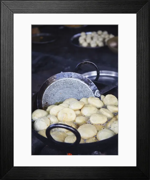 Framed Print : Kachori (flour and dough ball) being cooked, Bundi, Rajasthan, India Framed Print : Kachori (flour and dough ball) being cooked, Bundi, Rajasthan, India