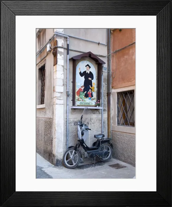 Framed Print : Scooter and relgious wall mural, Chioggia, Venice, Veneto, Italy Framed Print : Scooter and relgious wall mural, Chioggia, Venice, Veneto, Italy