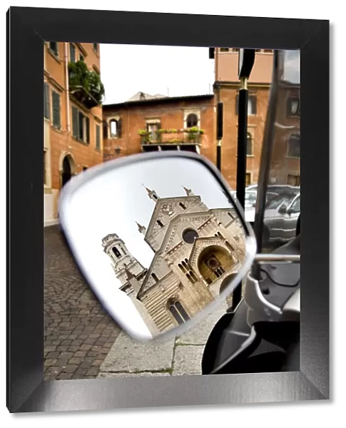 Cathedral reflected in a scooter mirror, Verona, Veneto, Italy