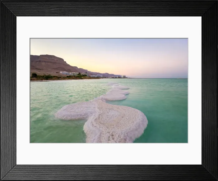 Framed Print : Israel, South District, Ein Bokek. Salt formations on the Dead Sea at sunset, town Framed Print : Israel, South District, Ein Bokek. Salt formations on the Dead Sea at sunset, town