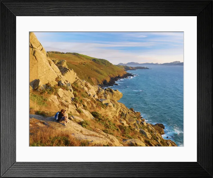 Framed Print : Spain, Galicia, Cangas, Man photographing view (MR) Framed Print : Spain, Galicia, Cangas, Man photographing view (MR)