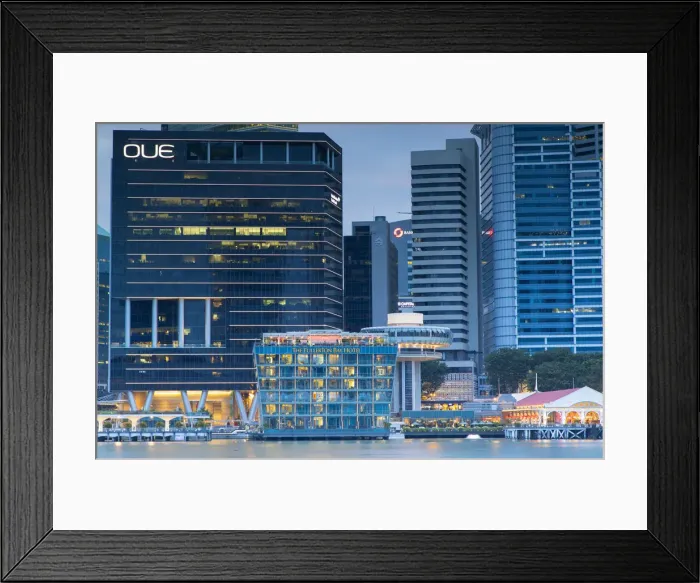 Framed Print : Fullerton Bay Hotel and skyscrapers of Central Business District at dusk, Marina Bay, Singapore Framed Print : Fullerton Bay Hotel and skyscrapers of Central Business District at dusk, Marina Bay, Singapore