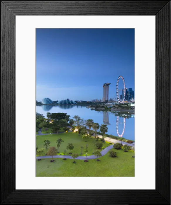 Framed Print : View of Singapore Flyer, Marina Bay Sands Hotel and Gardens by the Bay at dawn, Singapore Framed Print : View of Singapore Flyer, Marina Bay Sands Hotel and Gardens by the Bay at dawn, Singapore
