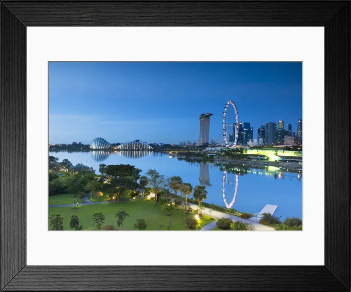 Framed Print : View of Singapore Flyer, Marina Bay Sands Hotel and Gardens by the Bay at dawn, Singapore Framed Print : View of Singapore Flyer, Marina Bay Sands Hotel and Gardens by the Bay at dawn, Singapore