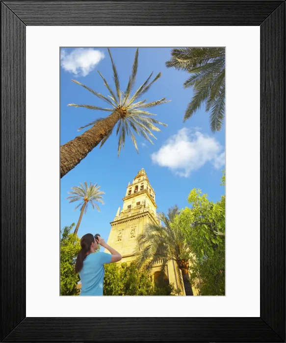 Framed Print : Spain, Andalucia, Cordoba, woman photographing La Mezquita cathedral, Low view (MR) Framed Print : Spain, Andalucia, Cordoba, woman photographing La Mezquita cathedral, Low view (MR)
