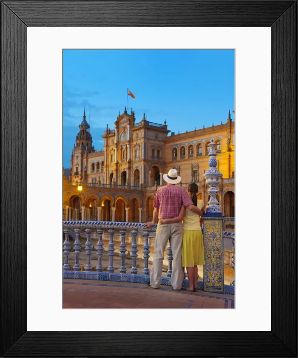 Framed Print : Spain, Andalucia, Seville, Man and woman infront of Plaza de Espana at dusk (MR) Framed Print : Spain, Andalucia, Seville, Man and woman infront of Plaza de Espana at dusk (MR)