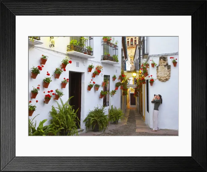 Framed Print : Spain, Andalucia, Cordoba, Woman photographing Traditional flower square (MR) Framed Print : Spain, Andalucia, Cordoba, Woman photographing Traditional flower square (MR)