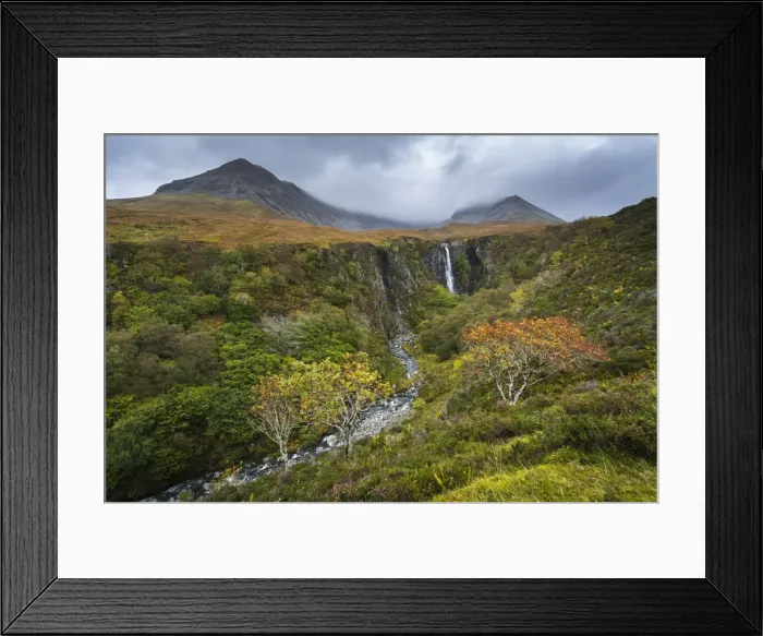 Framed Print : Waterfall Eas Mor in forest during autumn, Glen Brittle, Isle of Skye, Highland Region Framed Print : Waterfall Eas Mor in forest during autumn, Glen Brittle, Isle of Skye, Highland Region