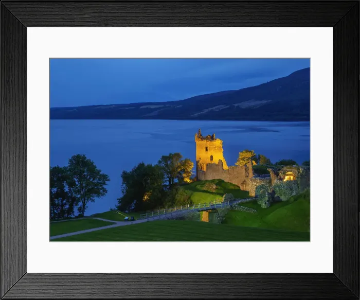 Framed Print : UK, Scotland, Highlands, Twilight view of the Urquhart Castle and Loch Ness Framed Print : UK, Scotland, Highlands, Twilight view of the Urquhart Castle and Loch Ness