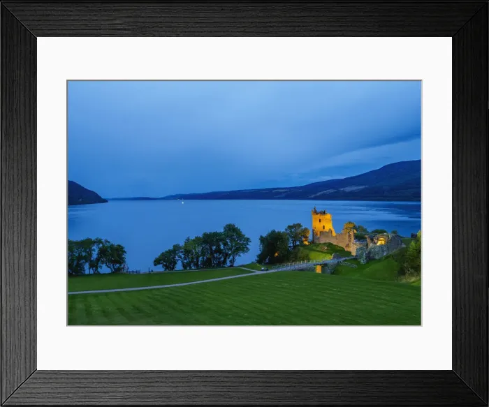 Framed Print : UK, Scotland, Highlands, Twilight view of the Urquhart Castle and Loch Ness Framed Print : UK, Scotland, Highlands, Twilight view of the Urquhart Castle and Loch Ness