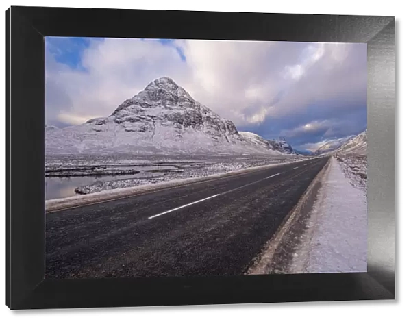 Road through snow covered Rannoch Moor in the Scottish Highlands, Argyll, Scotland
