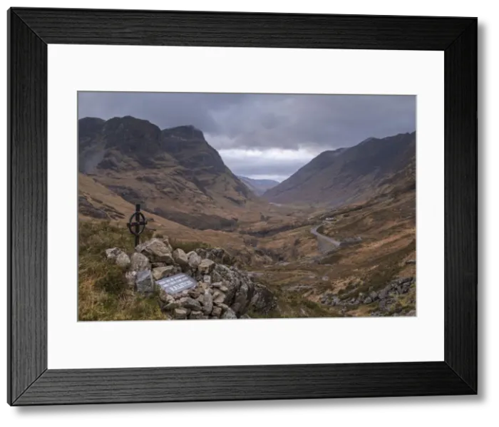 Framed Print : Memorial at the Study viewpoint in Glencoe, Scottish Highlands, Scotland. Winter Framed Print : Memorial at the Study viewpoint in Glencoe, Scottish Highlands, Scotland. Winter