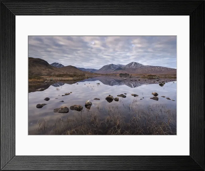Framed Print : Mirror like reflections on Lochan na h-achlaise on Rannoch Moor, Scotland. Winter Framed Print : Mirror like reflections on Lochan na h-achlaise on Rannoch Moor, Scotland. Winter