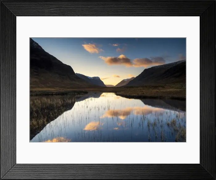 Framed Print : Lochan na Fola Reflections at Sunset, Glen Coe, Highland Region, Scotland Framed Print : Lochan na Fola Reflections at Sunset, Glen Coe, Highland Region, Scotland