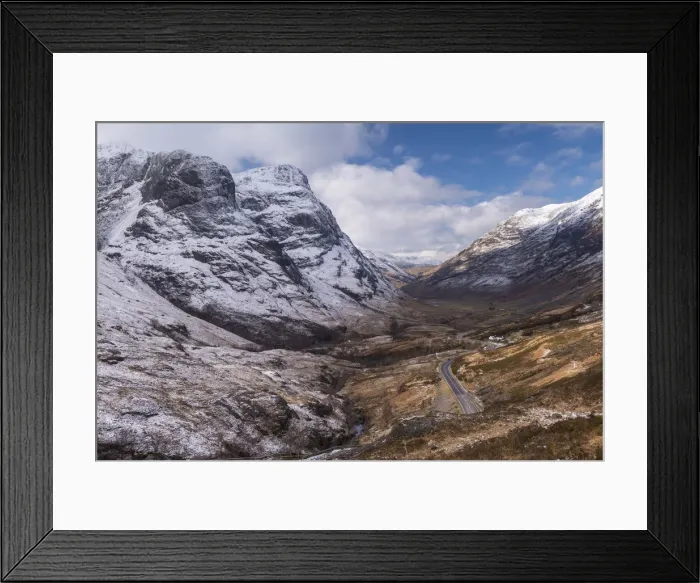 Framed Print : Looking down the pass of Glencoe with snow over the Three Sisters of Glencoe, Highland