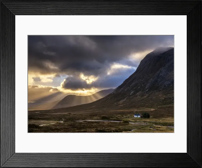 Framed Print : Sun Beams Through Clouds and Lone Cottage, Glen Coe, Highland Region, Scotland