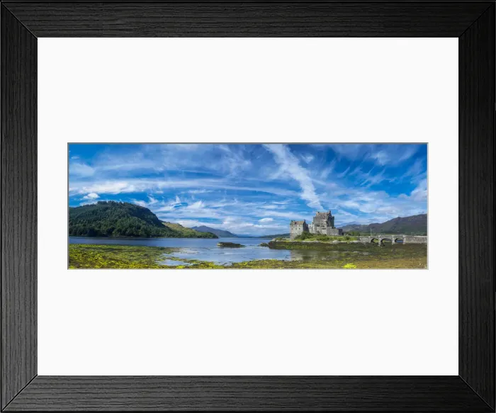 Framed Print : Panoramic view of Eilean Donan Castle by Loch Duich against blue sky, Dornie, Kyle Framed Print : Panoramic view of Eilean Donan Castle by Loch Duich against blue sky, Dornie, Kyle