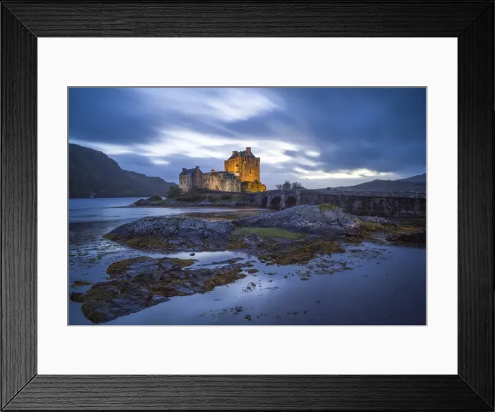 Framed Print : Illuminated Eilean Donan Castle at dusk, The Highlands, Scotland, United Kingdom