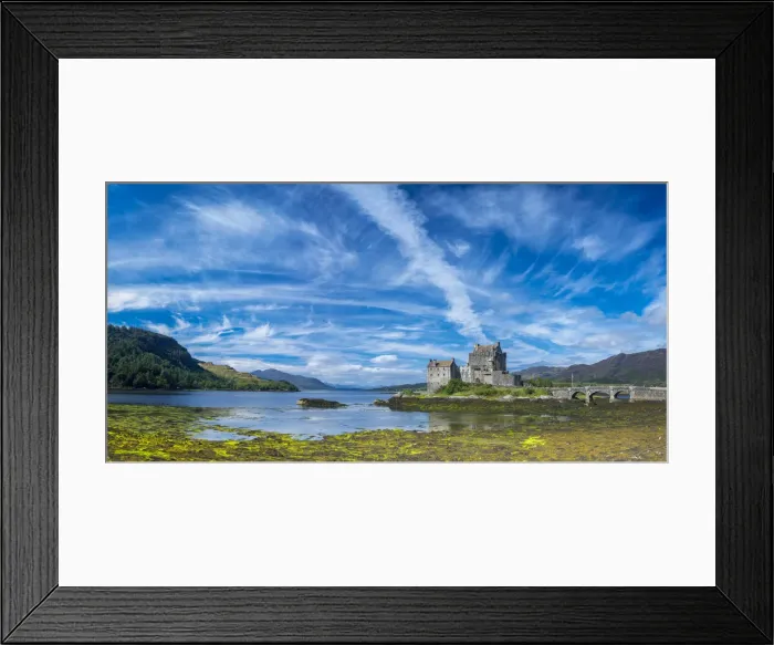 Framed Print : Panoramic view of Eilean Donan Castle by Loch Duich against blue sky, Dornie, Kyle