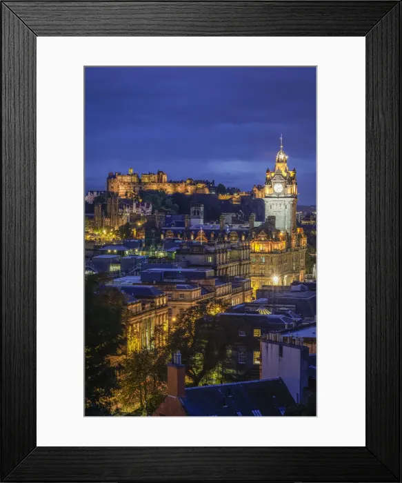 Framed Print : Edinburgh Castle and Balmoral Hotel clock tower viewed from Observatory House in city Framed Print : Edinburgh Castle and Balmoral Hotel clock tower viewed from Observatory House in city