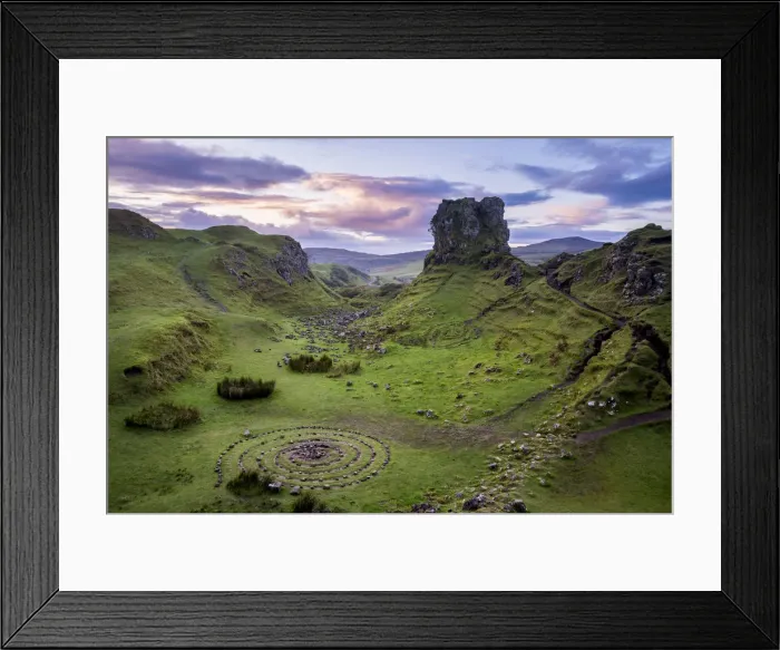 Framed Print : Circular rock pattern on green landscape near Castle Ewen at sunset, Fairy Glen, Isle Framed Print : Circular rock pattern on green landscape near Castle Ewen at sunset, Fairy Glen, Isle