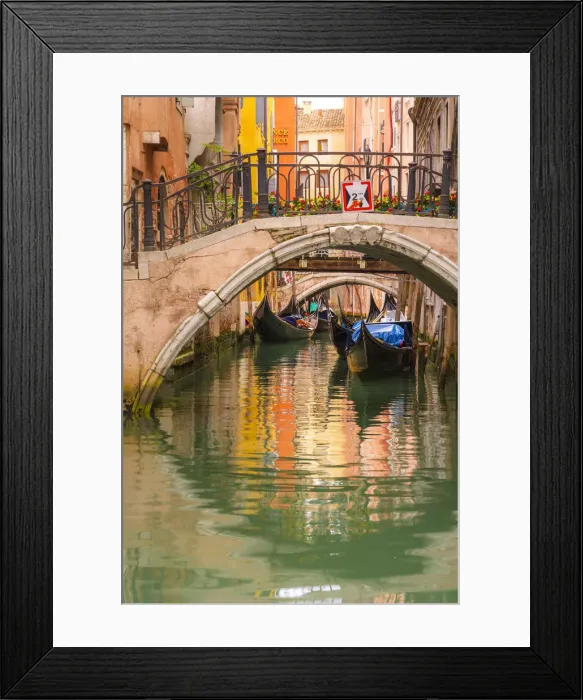 Framed Print : Venice, Veneto, Italy. Bridges and gondolas moored in a canal Framed Print : Venice, Veneto, Italy. Bridges and gondolas moored in a canal