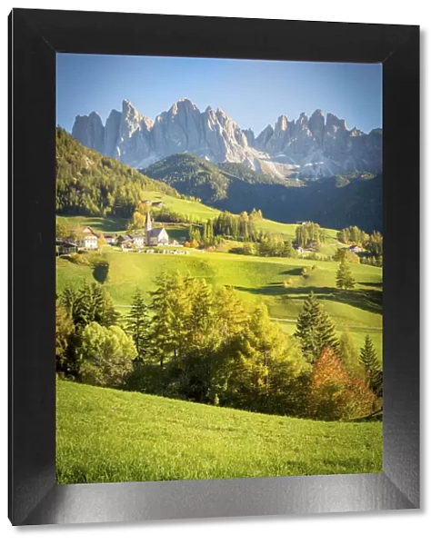 South Tyrol, Italy, Dolomites Alps. Val di Funes and Santa Maddalena church with Odle