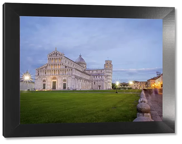 Pisa, Campo dei Miracoli, Tuscany. Cathedral and leaning tower at dusk, long exposure